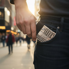 Stainless steel survival tool wallet with silicone band holding tools and cards together.