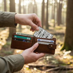 Flatlay photograph showing the Surf and Turf Survival Tool Card stacked with other Grim Workshop survival cards inside a wallet.