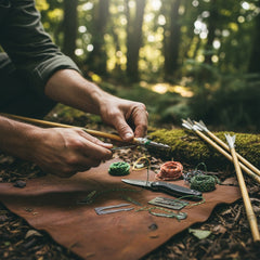 Flatlay photograph of the Grim Workshop Surf and Turf Survival Tool Card showing fishing arrowheads and small game arrow tips arranged within a credit card sized steel card.