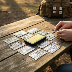 flatlay photograph showing several signature survival cards removed from the bundle and arranged to display tool variety.