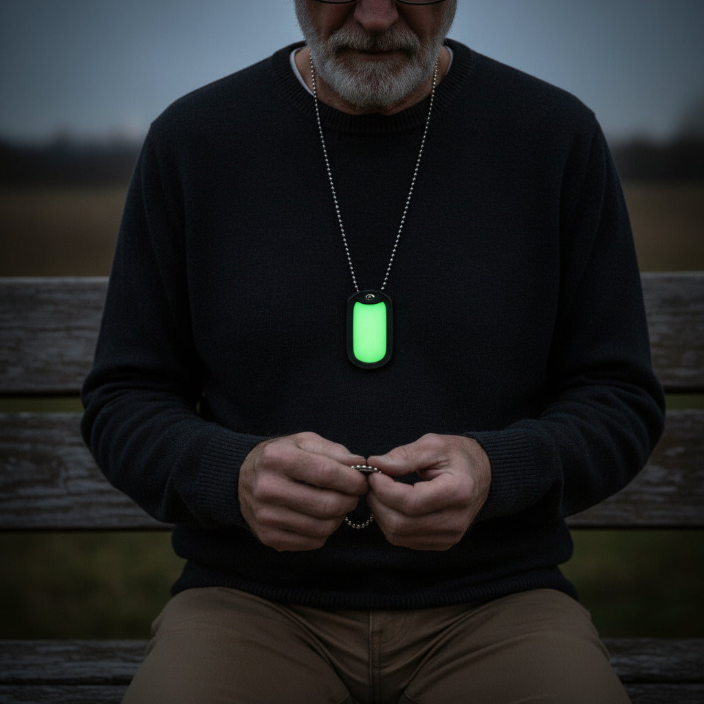 close-up photograph showing the signal dog tag with silencer and ball chain necklace.