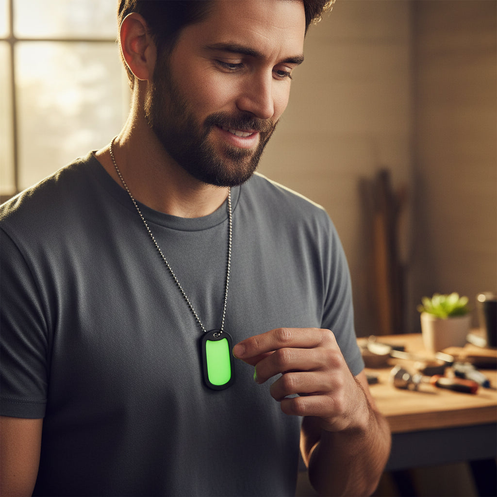 lifestyle photograph of the emergency signal dog tag worn as a necklace.