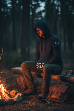 Hoodie with hidden pockets used to carry flat survival tools and small tins discreetly.