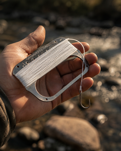 Pocket fishing kit hand caster being used for handline fishing with hooks, lures, and monofilament line.