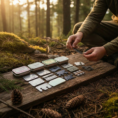 Seven pak kits displayed with tools removed to show full micro survival capability.
