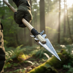 Survival spear being used for small game hunting and fishing demonstrations in a wilderness environment