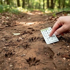 flatlay photograph of the animal track identification card next to a wallet and small EDC kit