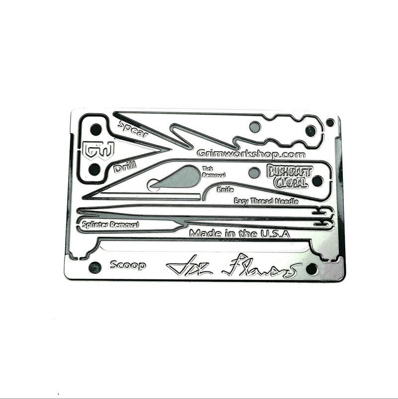 Joe Flowers pocket survival card and wallet tool kit full of bushcrafting tools.