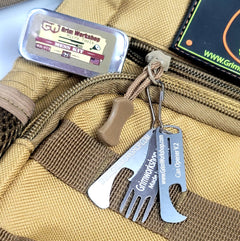 micro stainless steel mess kit with keychain fork, keychain bottle opener, and keychain can opener