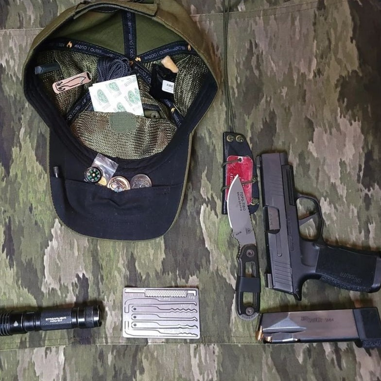 Wazoo Cache Cap 6 Hidden Pocket Hat with pocket, edc hats with pockets and camping hat