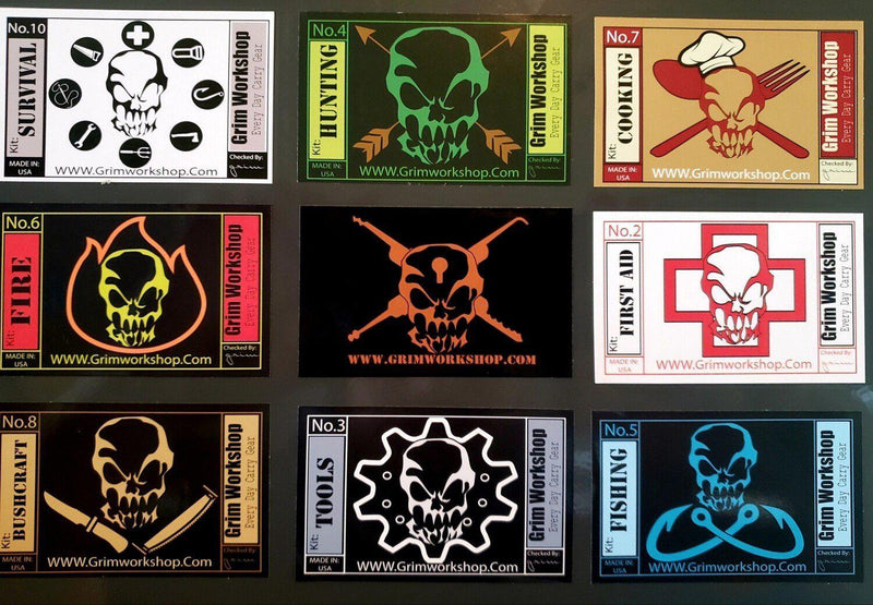 Grim Kit 9 Sticker Set-Grimworkshop-bugoutbag-bushcraft-edc-gear-edctool-everydaycarry-survivalcard-survivalkit-wilderness-prepping-toolkit